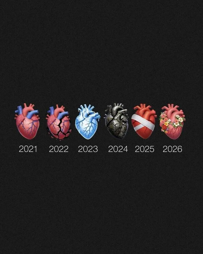 Funny post with a line of evolving heart emojis, symbolizing a woman's changing emotional state through the years 2021-2026.