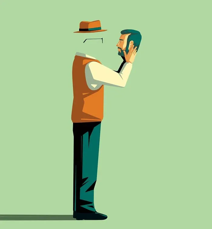 Stephan Schmitz illustration of a person holding their own detached face, reflecting identity and masks.