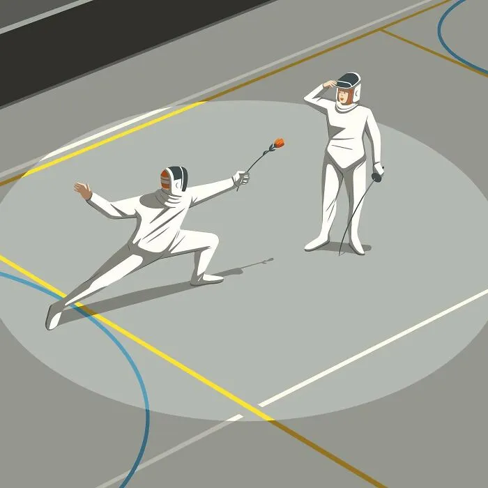 Thought-provoking illustration by Stephan Schmitz featuring two fencers, one offering a rose instead of a sword.