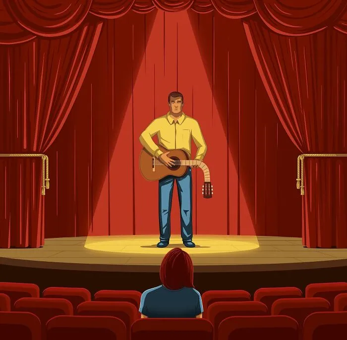 Thought-provoking illustrations by Stephan Schmitz: A musician with a half-broken guitar on stage, facing a single audience member.