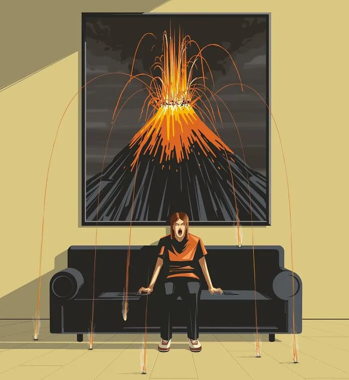 An illustration by Stephan Schmitz showing a woman on a couch as fireworks erupt from a volcano painting, symbolizing life's chaos.
