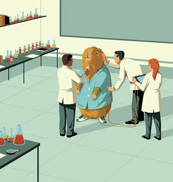 Thought-provoking illustration by Stephan Schmitz of scientists experimenting on a large guinea pig in a lab.