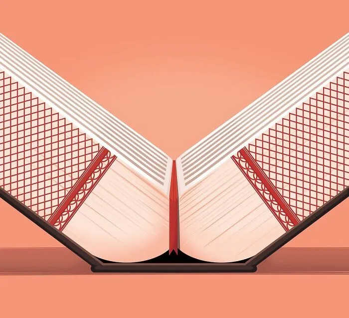 A Stephan Schmitz illustration of an open book with pages forming the shape of a person's legs.