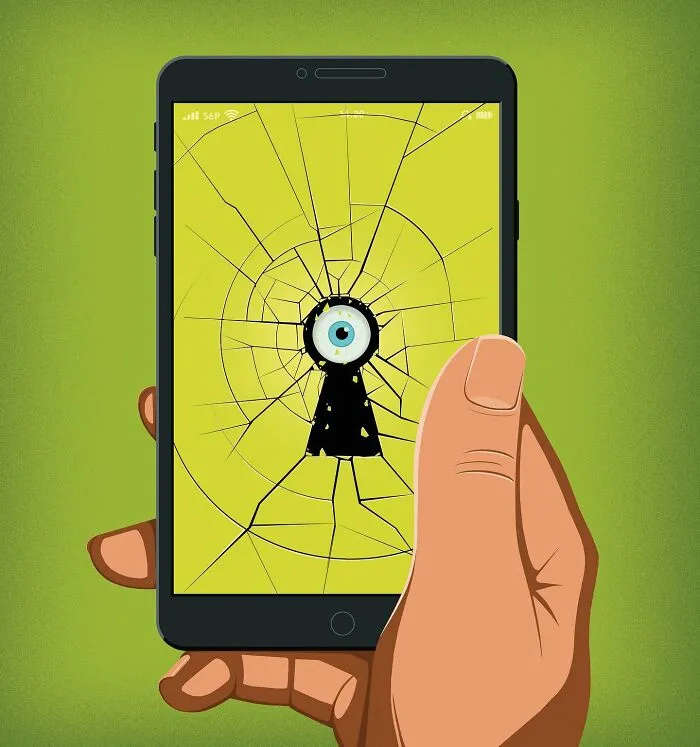 Broken smartphone screen with an eye looking through a keyhole illustration