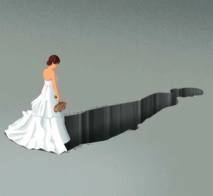 Honest illustration by Stephan Schmitz of a bride standing at the edge of a deep chasm, symbolizing challenges in our lives.