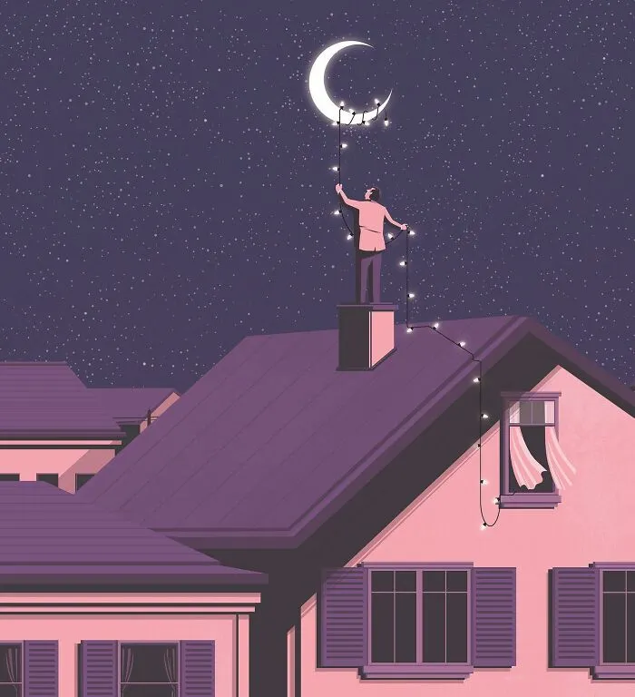 Stephan Schmitz illustration of a person on a rooftop hanging string lights on the crescent moon, representing hope.