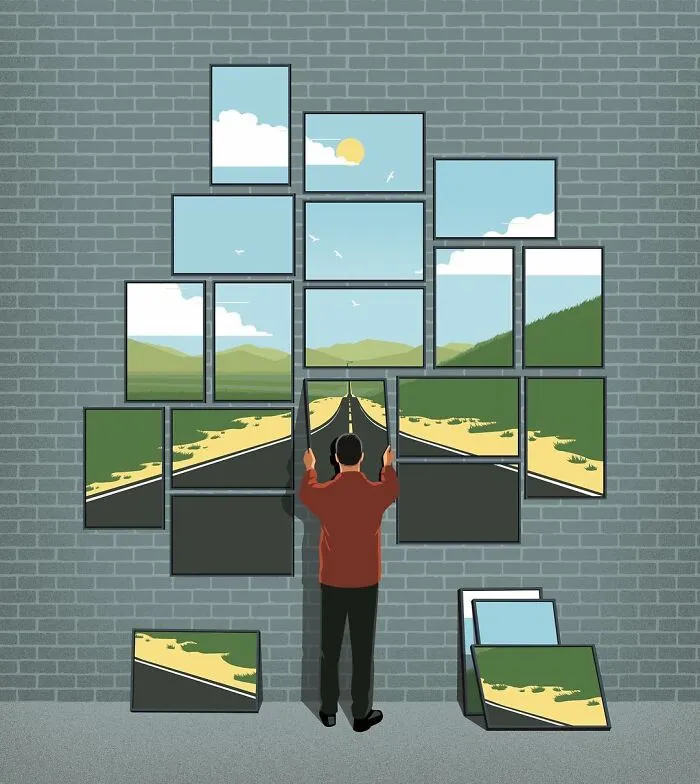 Honest illustration by Stephan Schmitz shows a man arranging framed road and landscape images on a brick wall.