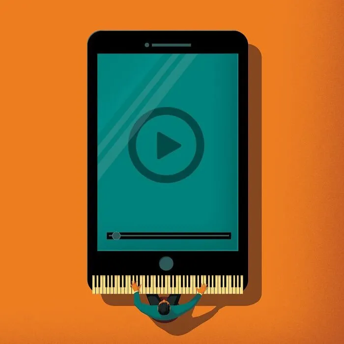 A Stephan Schmitz illustration of a person playing a piano keyboard at the bottom of a large smartphone.