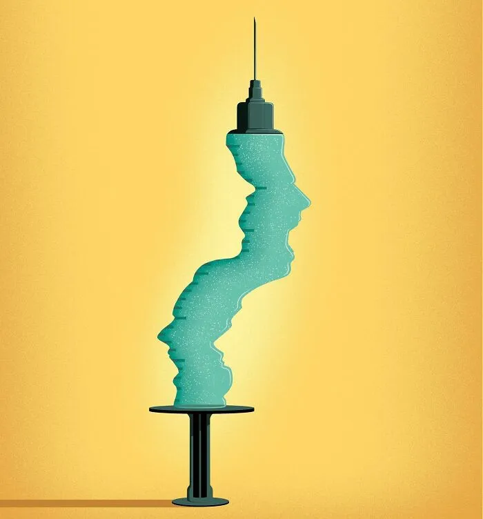 A Stephan Schmitz illustration showing a syringe with human faces as the liquid.
