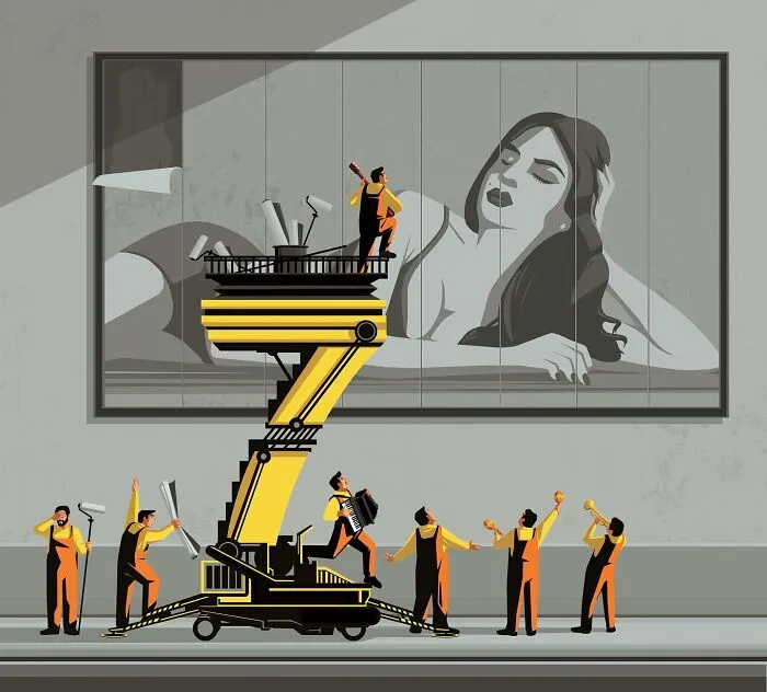 Thought-provoking illustration by Stephan Schmitz of construction workers assembling a large advertisement while musicians play.