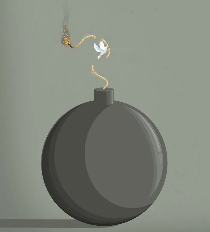 Stephan Schmitz illustration of a dove replacing the fuse of a bomb, symbolizing peace.