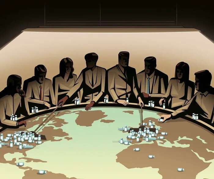 Thought-provoking illustrations by Stephan Schmitz: Business professionals around a global map, with syringes marking locations.