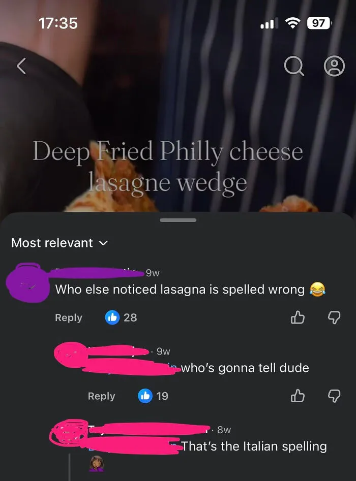 A social media post displaying a recipe title with a spelling error and comments correcting it, featuring know-it-alls.