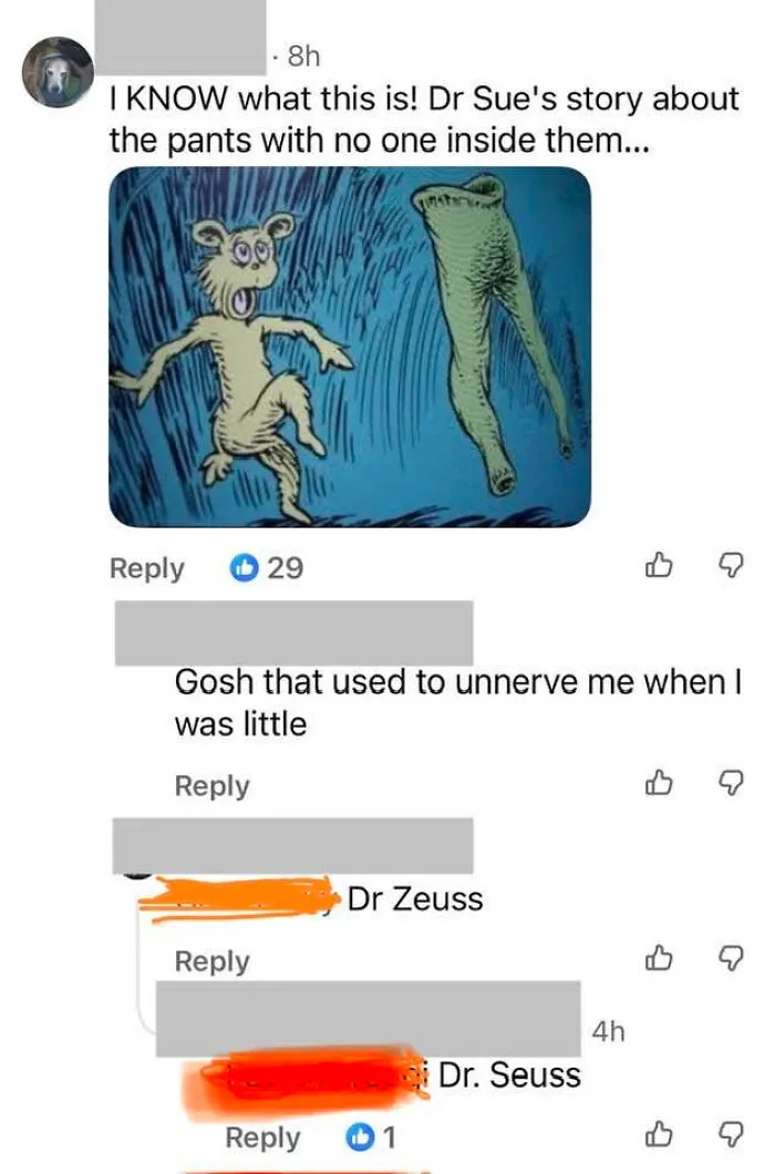 A social media post with an image from Dr. Seuss, followed by comments where users correct spelling, highlighting know-it-alls.
