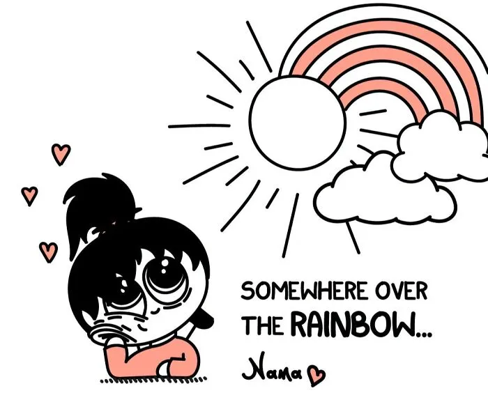 Go Nana's World comic: a person looking at a rainbow and sun, representing relatable struggles for many.