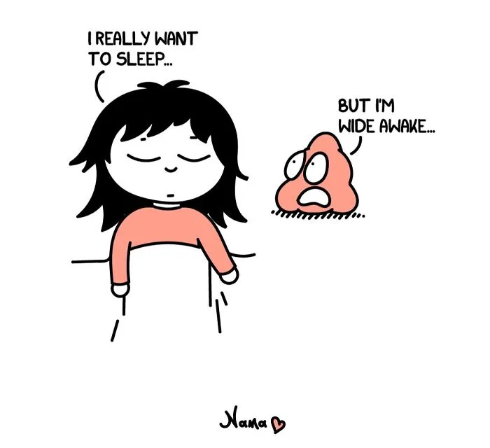 Go Nana's World comic: a person struggles to sleep but is wide awake, showcasing relatable struggles.