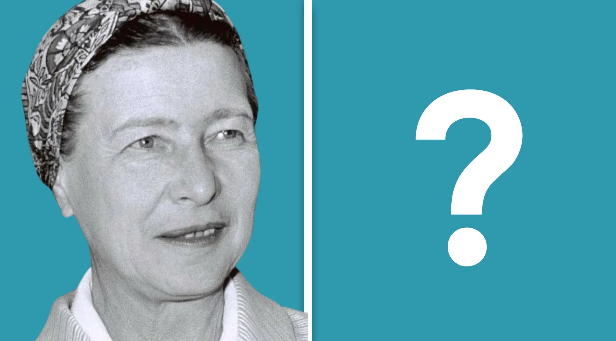 Simone de Beauvoir next to a question mark for a Big Ideas Quiz general knowledge question.