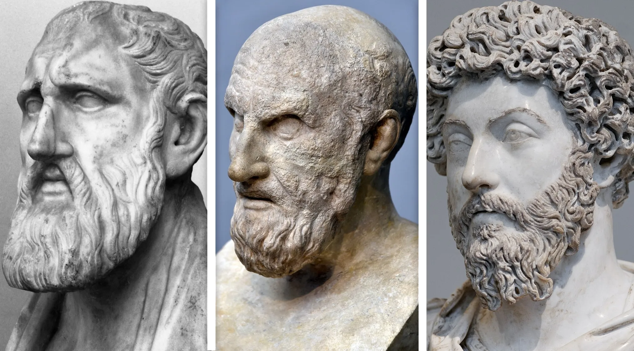 Three busts of Stoics for a Big Ideas Quiz general knowledge question about Stoicism.