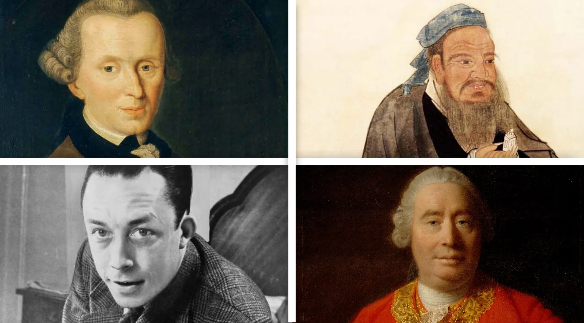 A grid of four portraits of philosophers, each representing a different nationality. The portraits include Immanuel Kant, Maimonides, Albert Camus, and David Hume.
