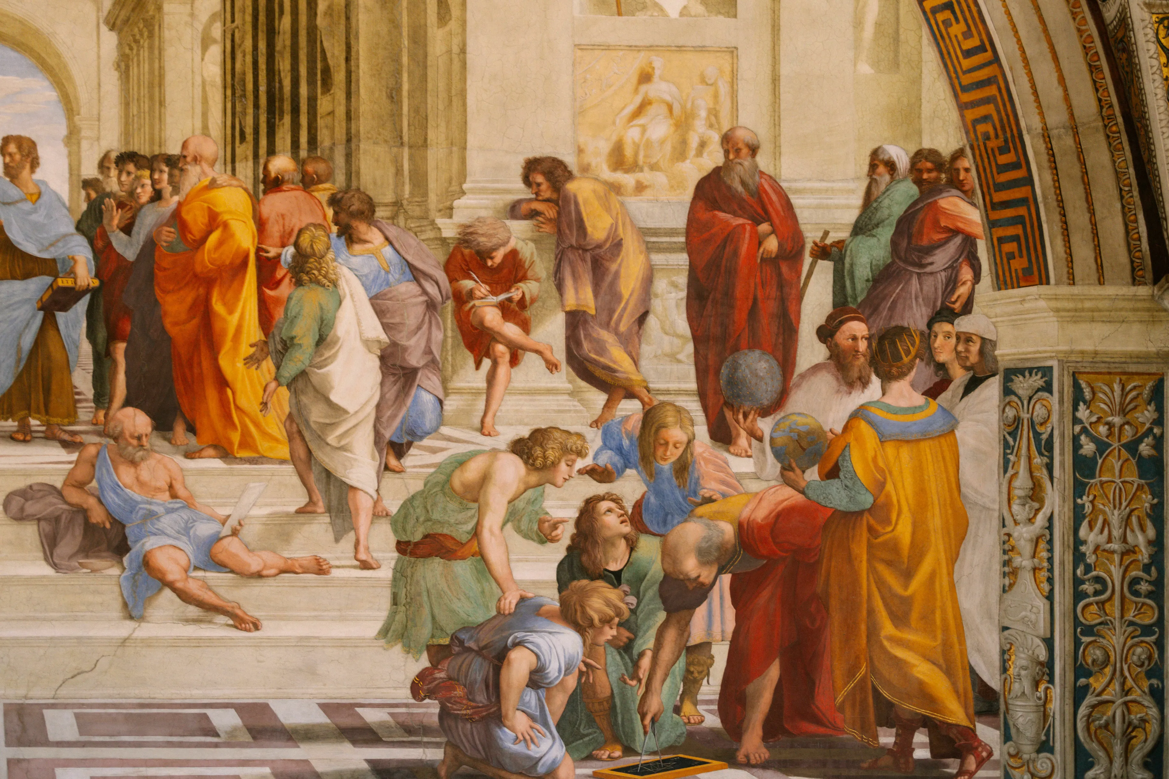 A vibrant fresco depicting ancient Greek philosophers like Plato, Socrates, and Aristotle discussing big ideas and knowledge.