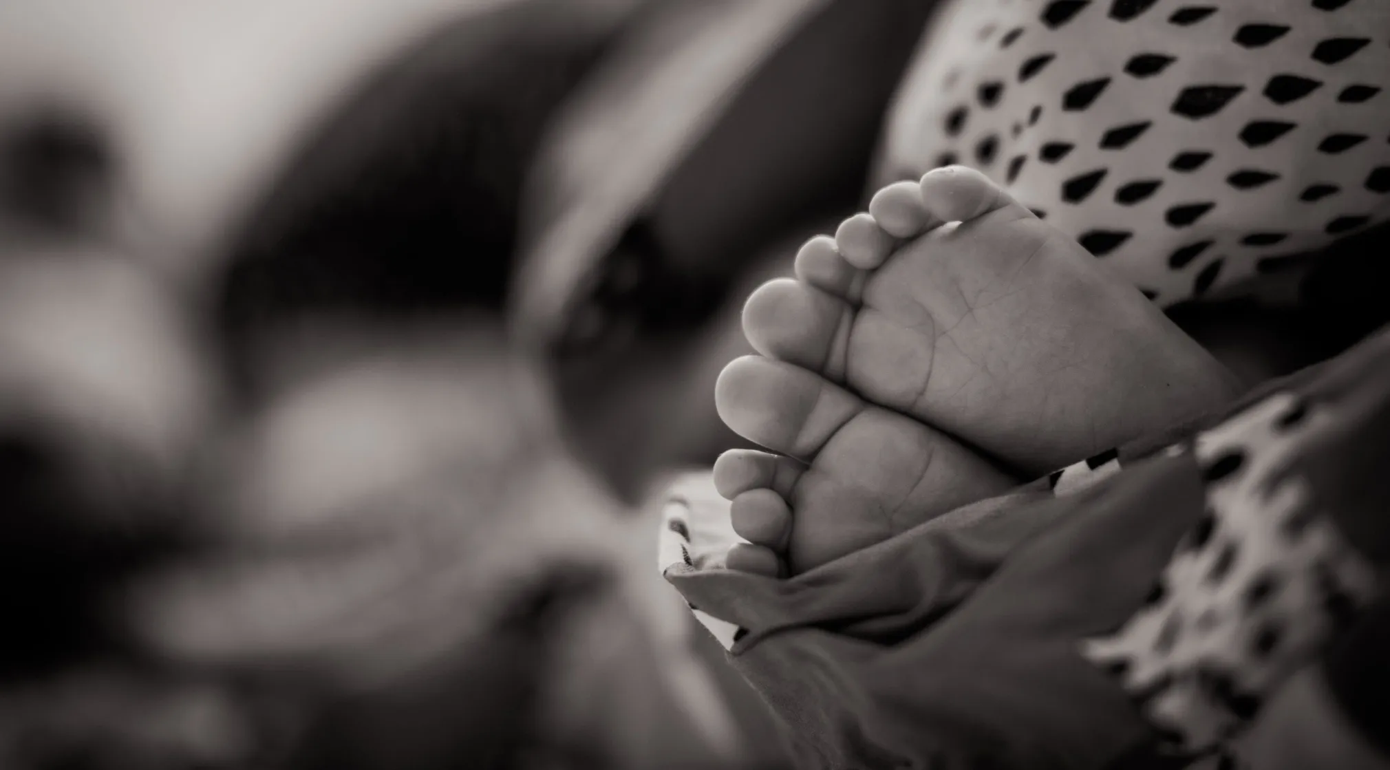Black and white close-up of a baby's tiny feet peeking from a patterned blanket. General knowledge on words ending in -ANT.