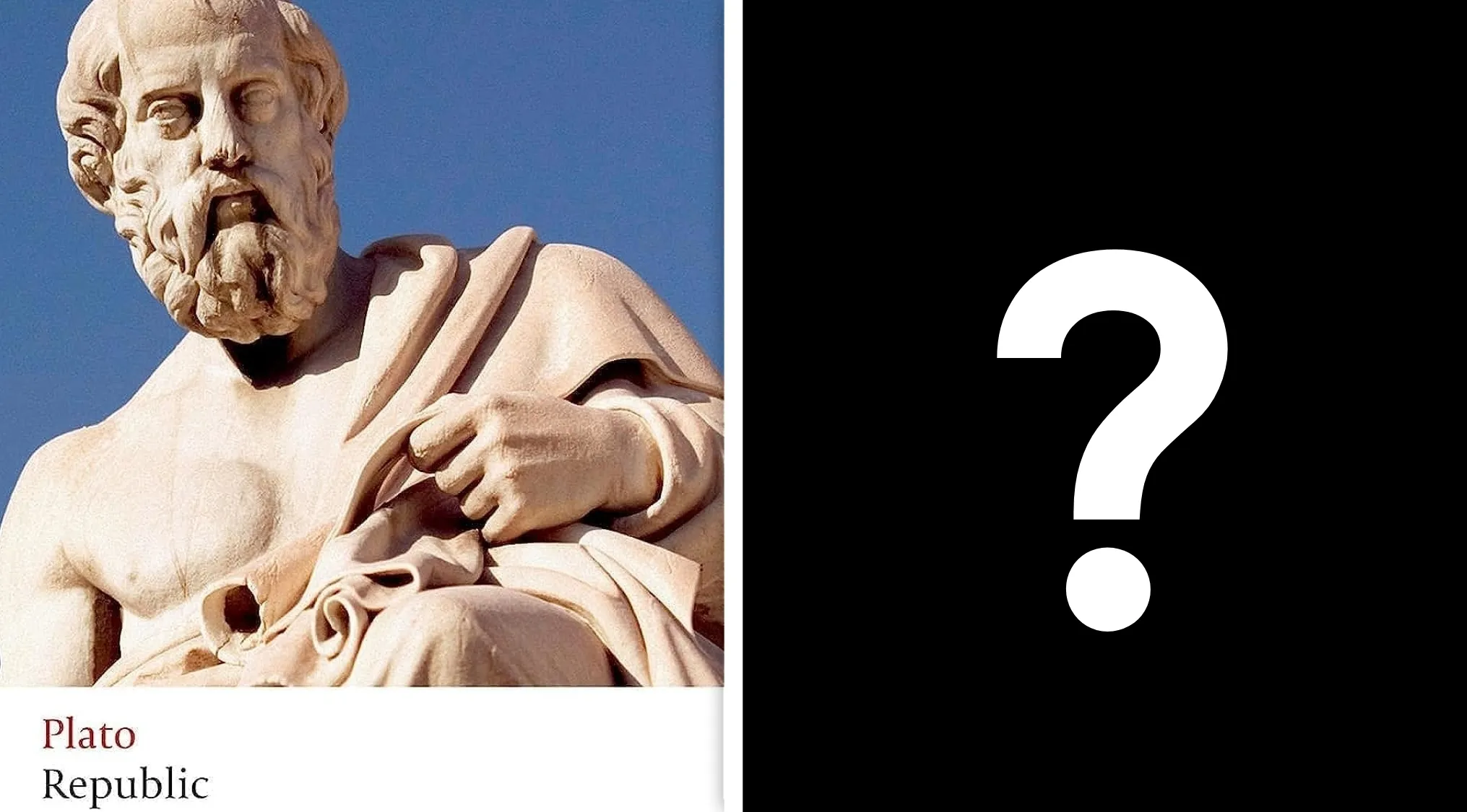 A bust of Plato on the left, next to a black background with a white question mark, relating to Plato's ideal republic and knowledge.
