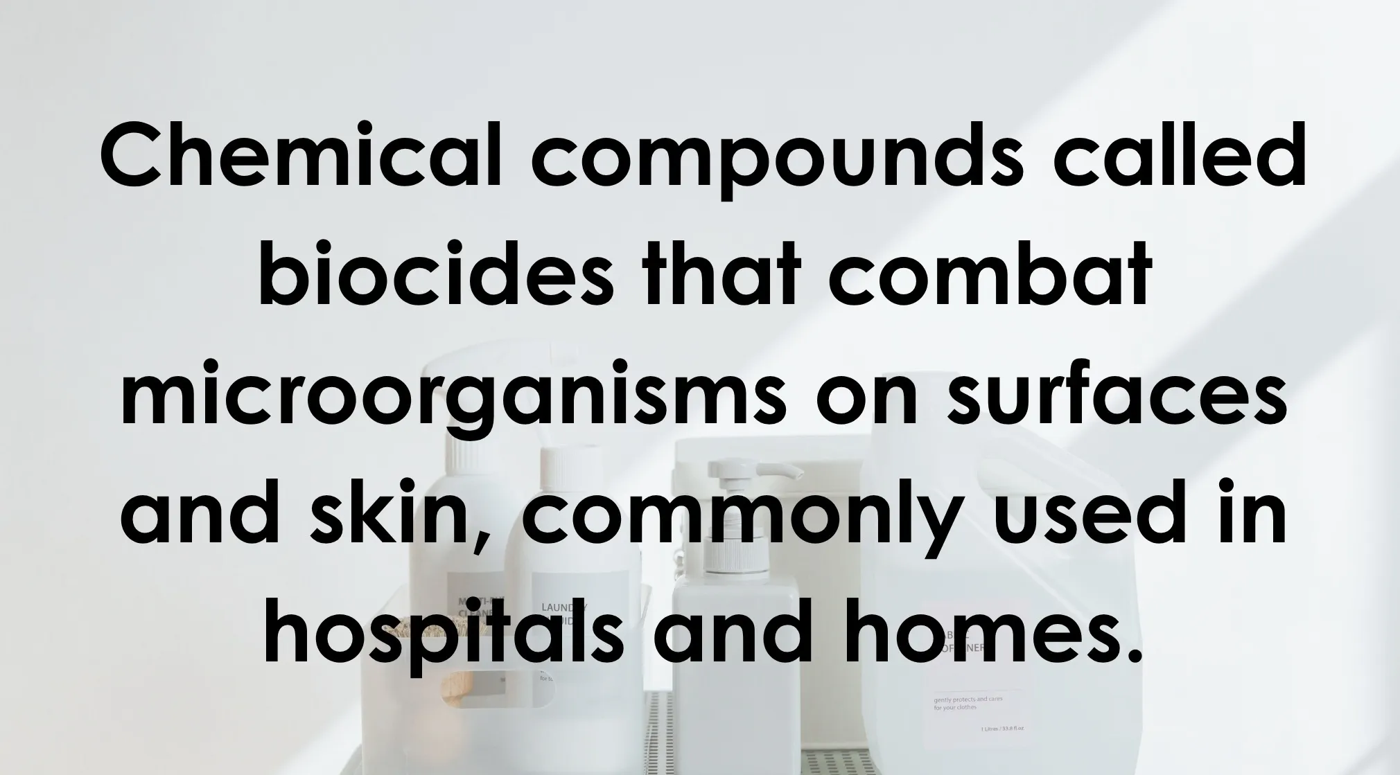 Text on a white background defining a cleaning product: "Chemical compounds called biocides that combat microorganisms on surfaces and skin, commonly used in hospitals and homes." General Knowledge words ending in -ANT.