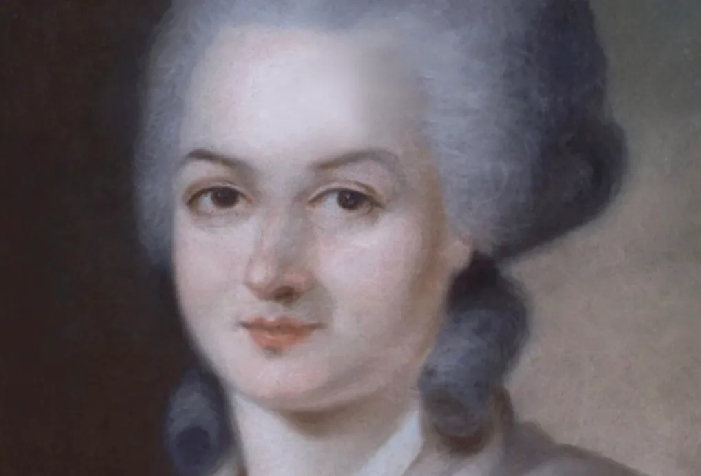 Painting of Olympe de Gouges, who wrote a foundational text of feminism, arguing women are not naturally inferior.