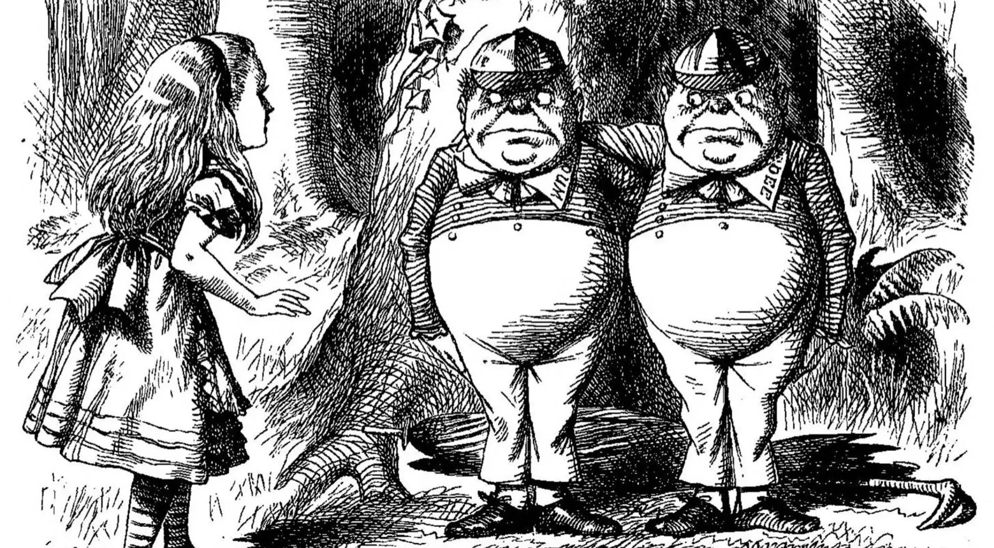 An illustration of Alice looking at Tweedledee and Tweedledum. Guess the book from the illustration.