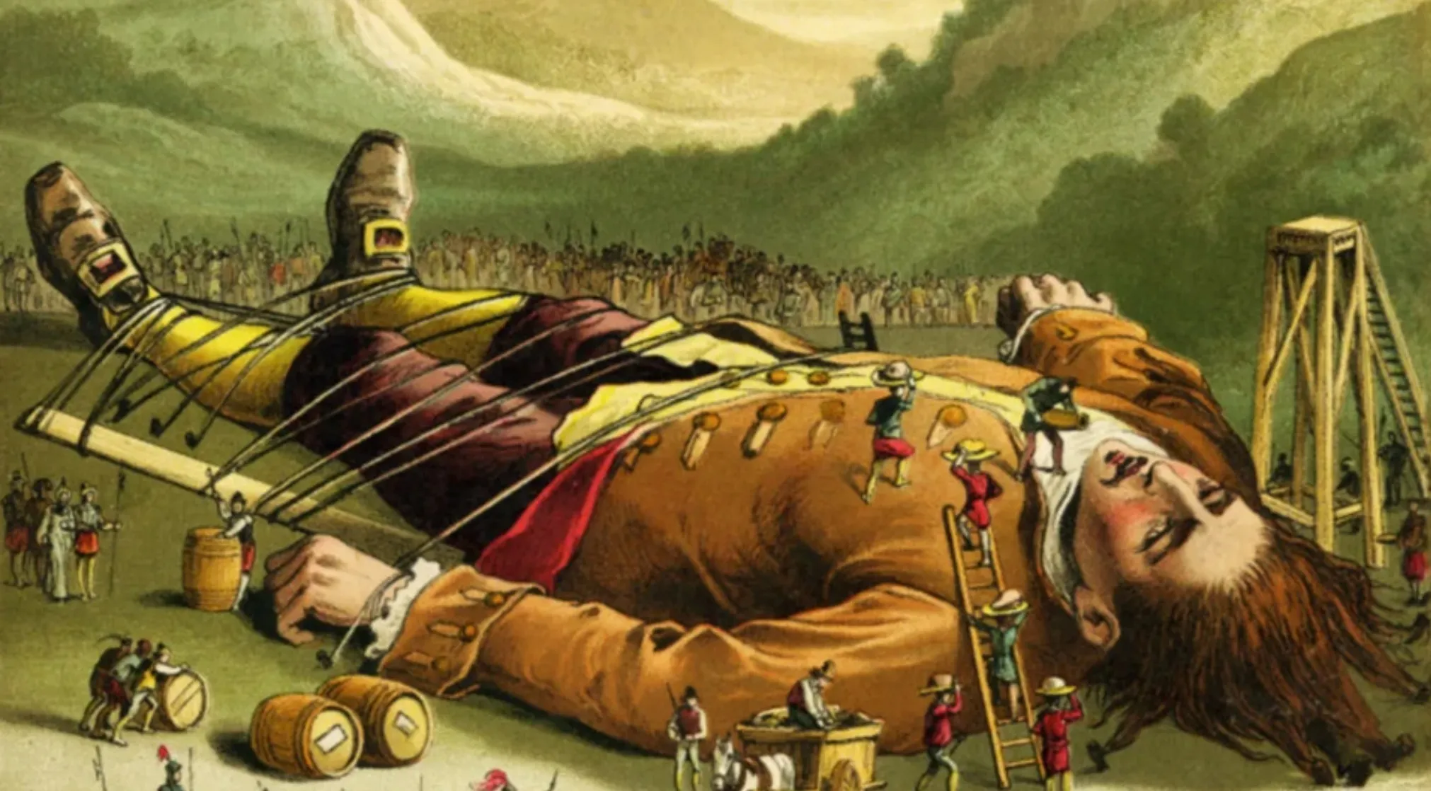 A giant man tied down by tiny people in an illustration. Guess the book from the illustration.