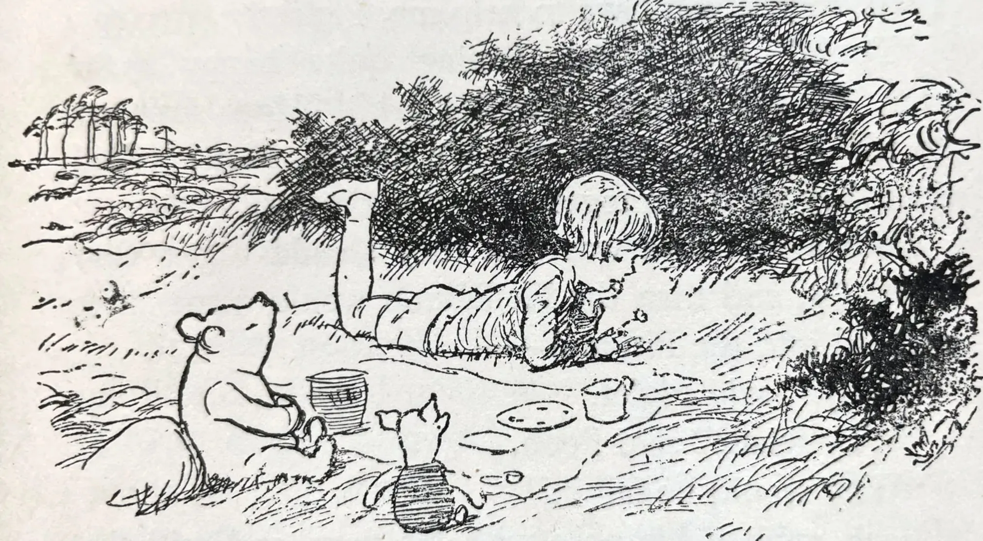 Guess the book from this charming illustration: Christopher Robin, Pooh, and Piglet having a picnic under a bush.
