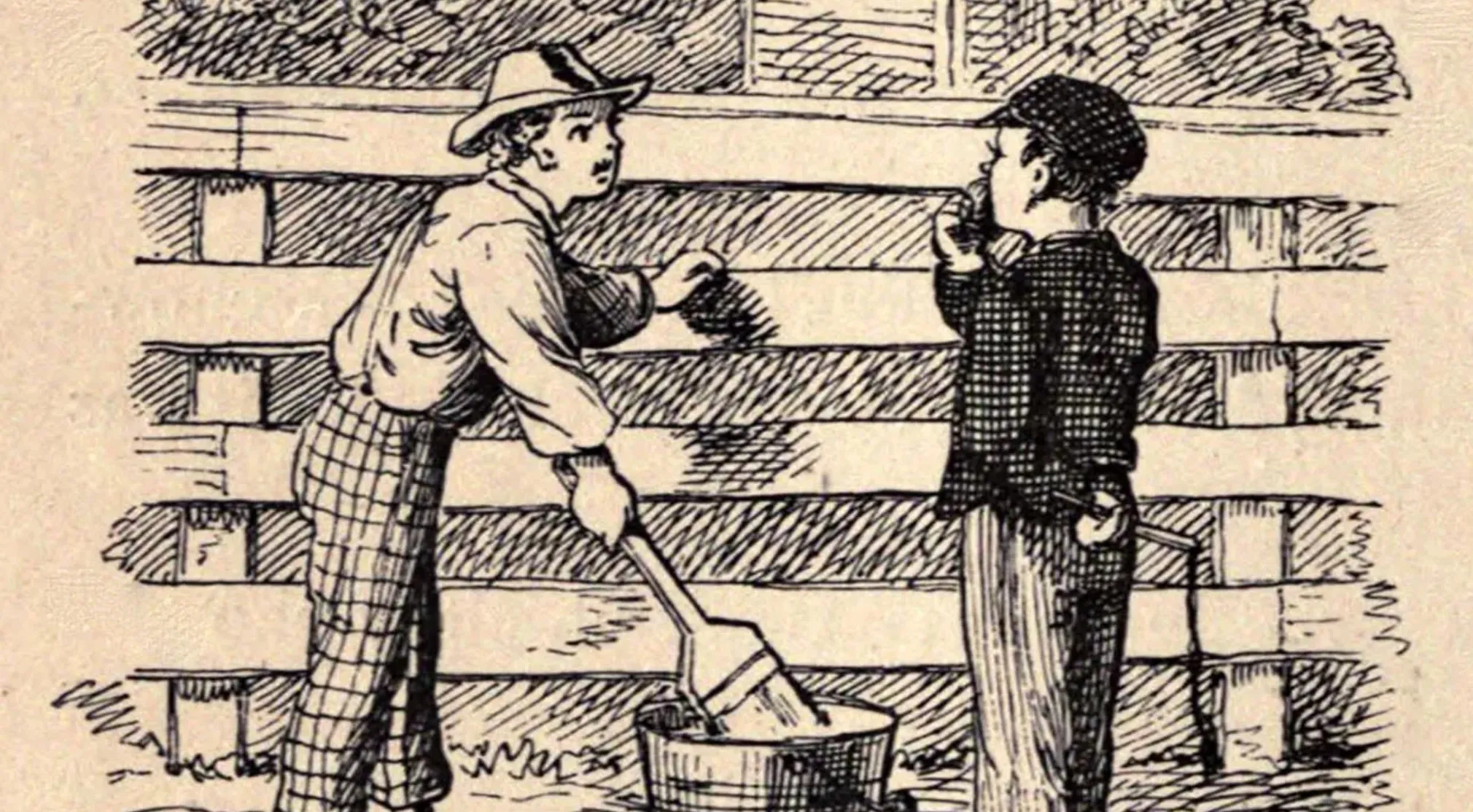 An illustration of two boys, one painting a fence and another watching. Guess the book from the illustration.