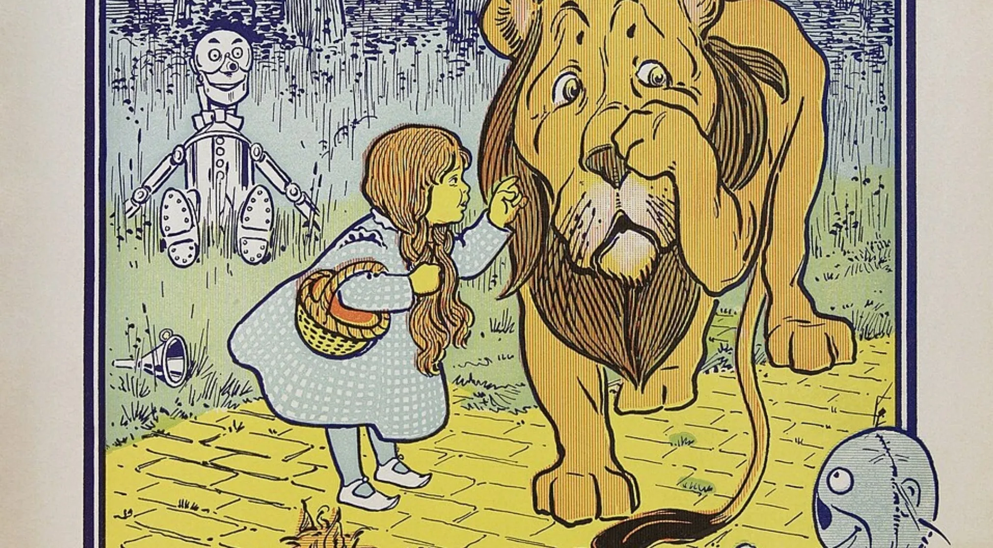 Guess the book from this illustration: Dorothy, the Cowardly Lion, and the Tin Man on the yellow brick road.