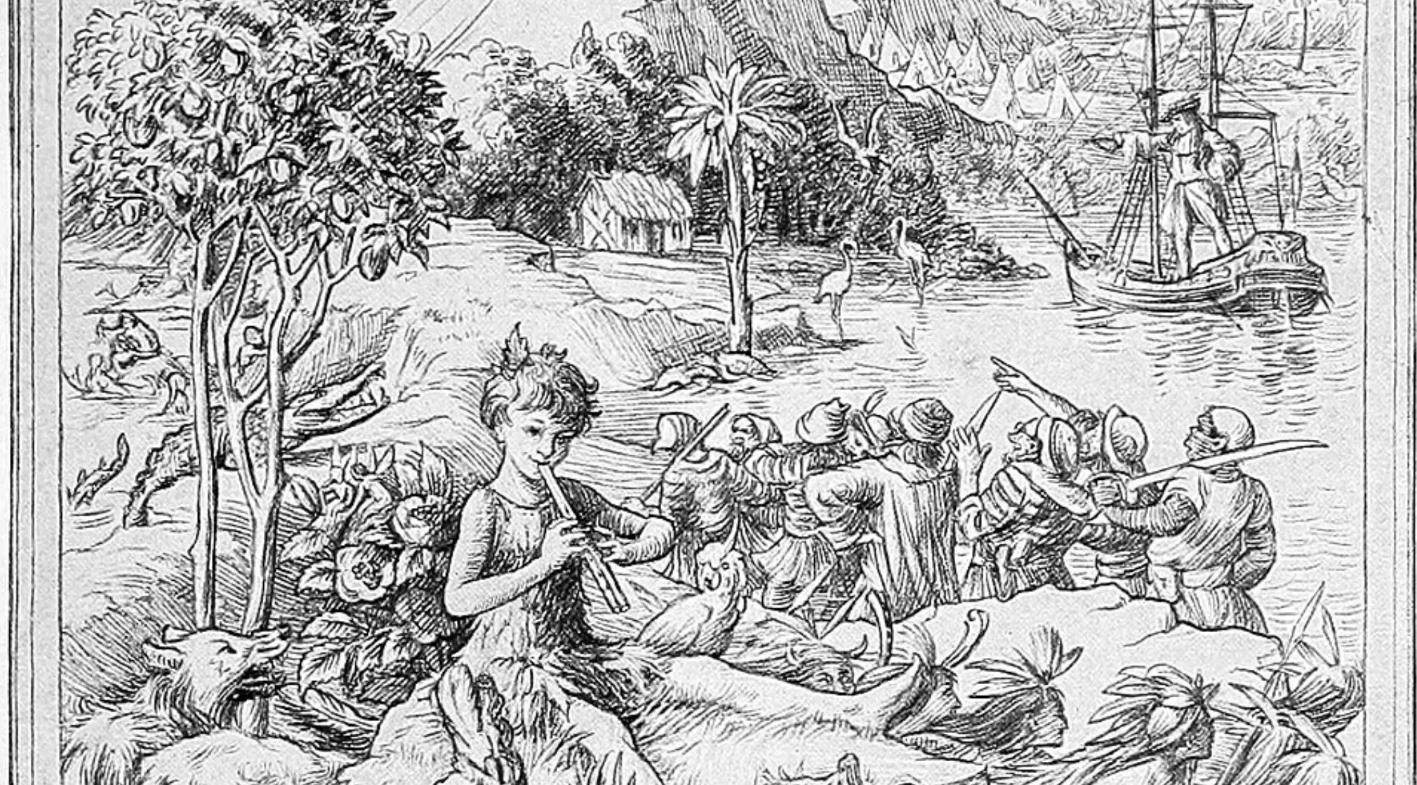 Detailed black and white illustration of a boy playing a flute with animals, pirates, and a ship. Guess the book.