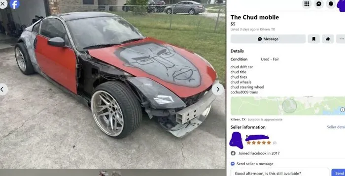 A car with a cartoon face painted on the hood, an unhinged marketplace listing.