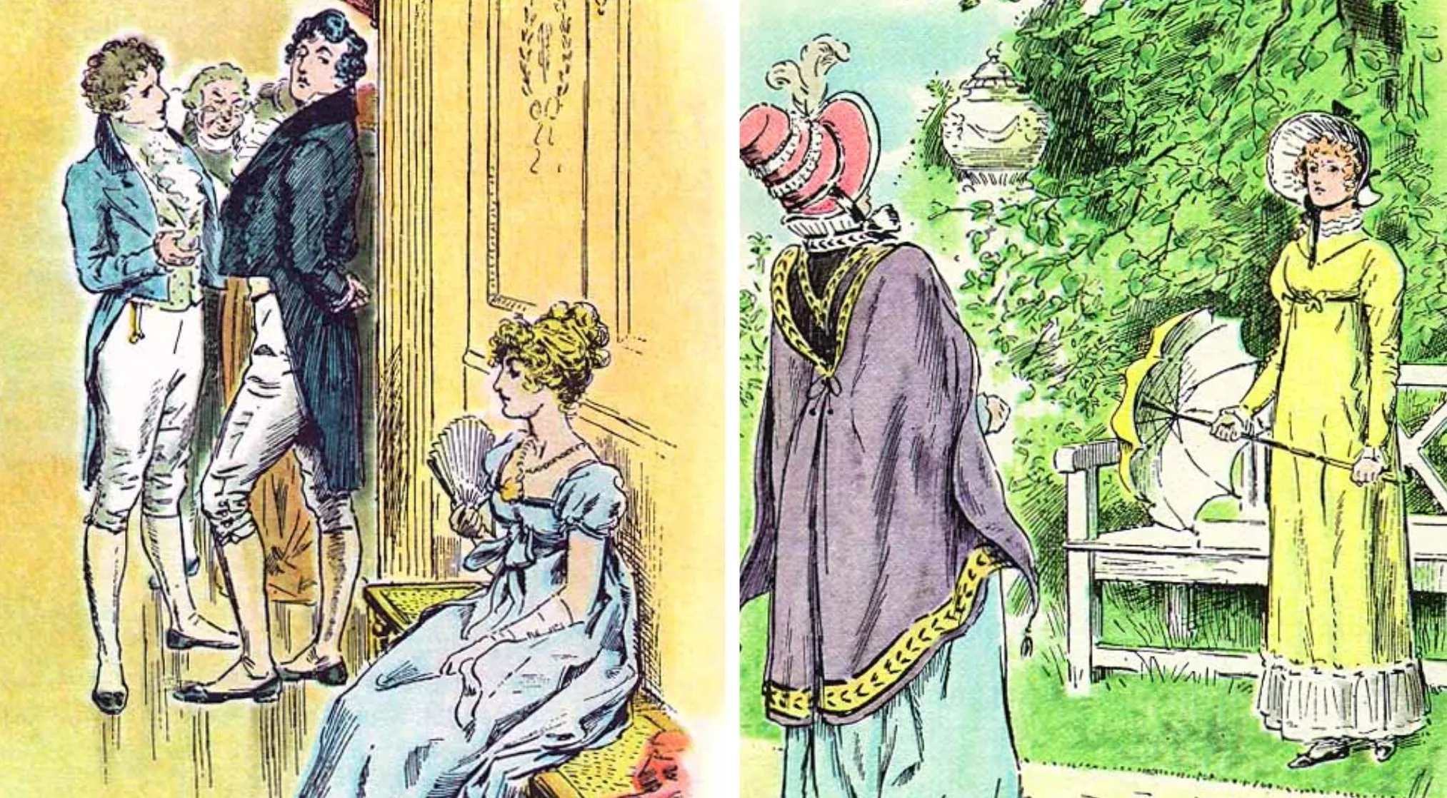 Guess the book from the illustration: Regency-era scenes, with gentlemen conversing and ladies in period dresses.