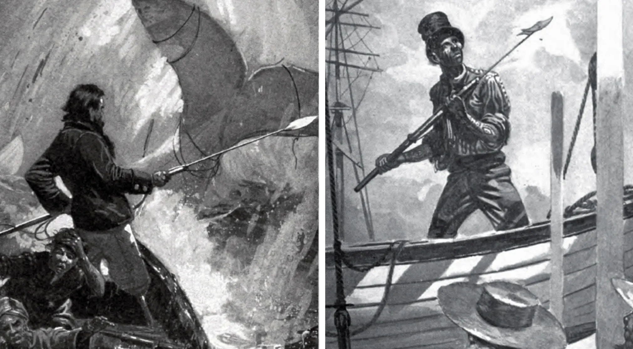 Guess the book from the illustration: two scenes of whaling ships and harpooning in a dramatic, monochrome style.