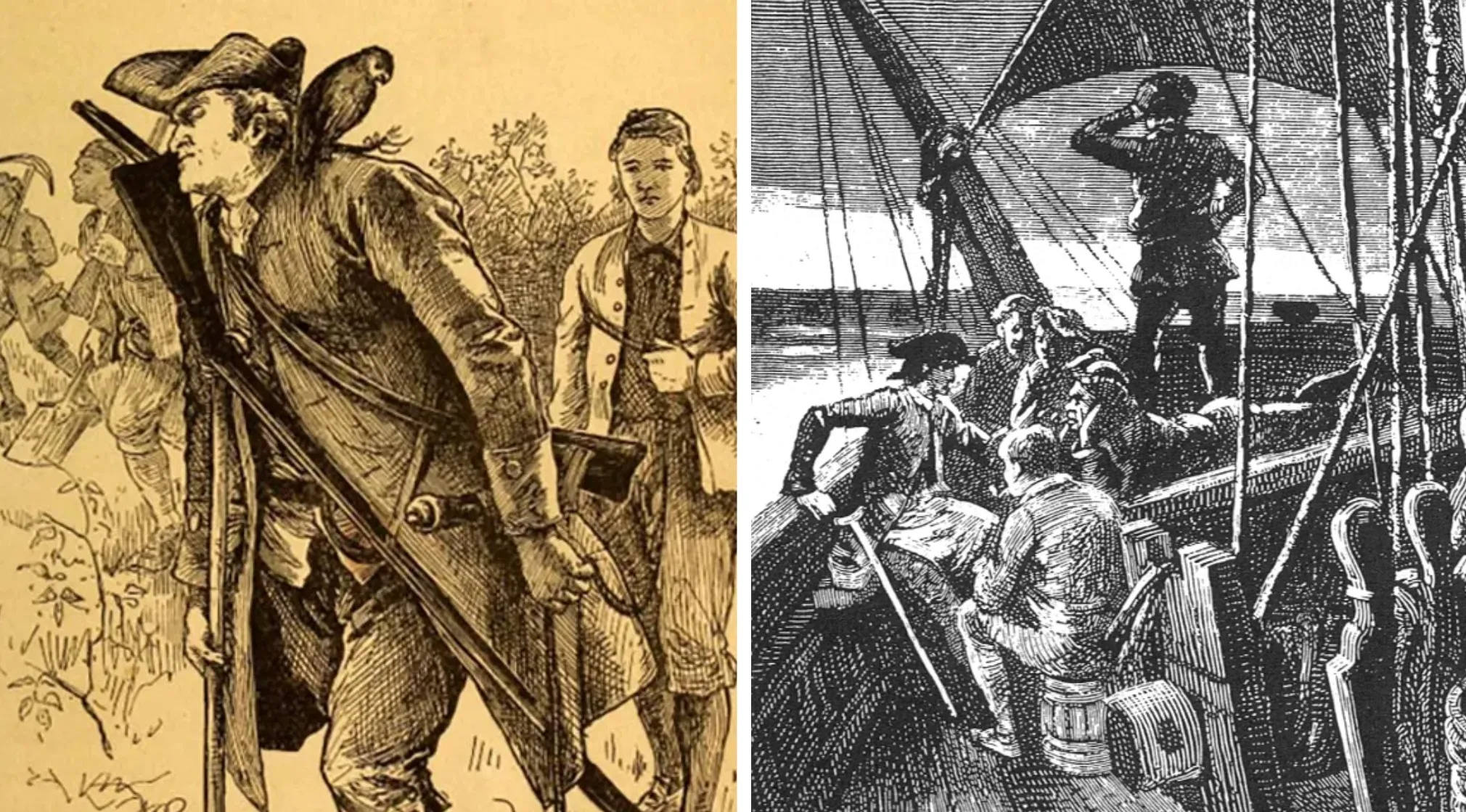 Guess the book: Two illustrations depicting men with a parrot on shoulder, and a group on a ship.