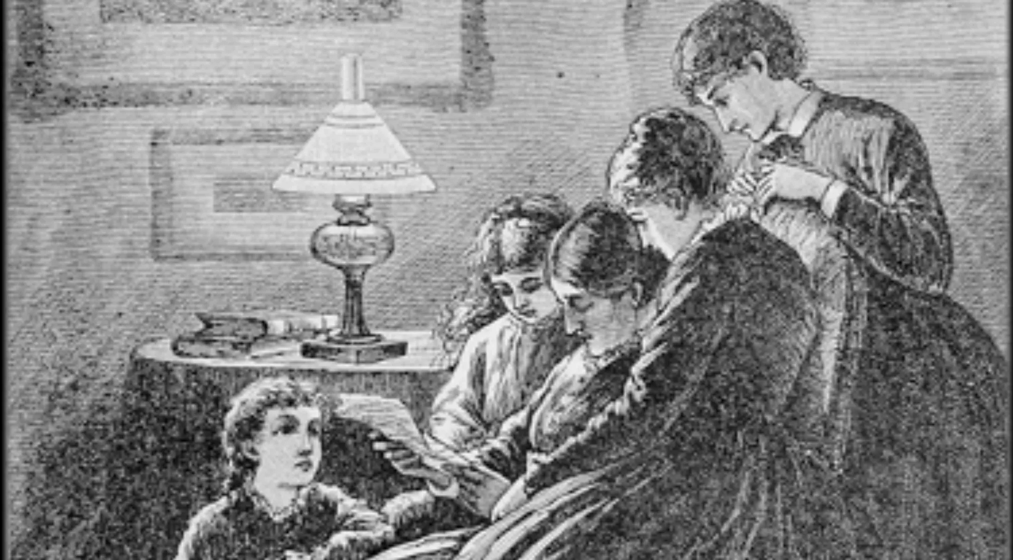A monochrome illustration of a woman and three girls gathered around a letter under a lamp. Which book does this illustration belong to?