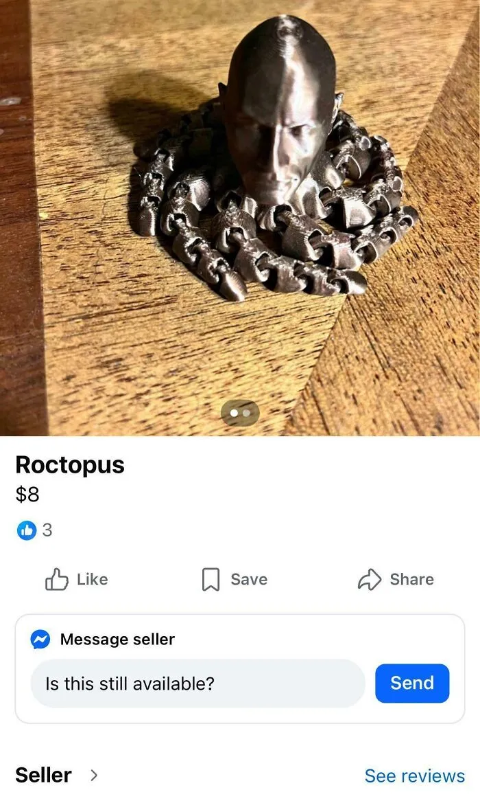 A metallic octopus-like sculpture with a head, an unhinged marketplace listing.