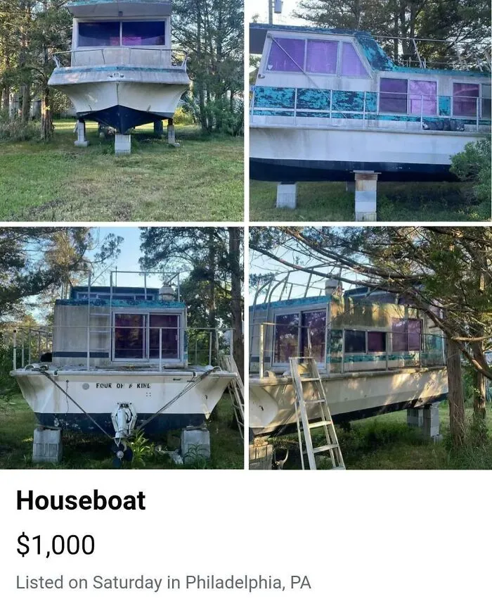 A dilapidated houseboat listed for $1,000, showcasing unhinged marketplace listings.