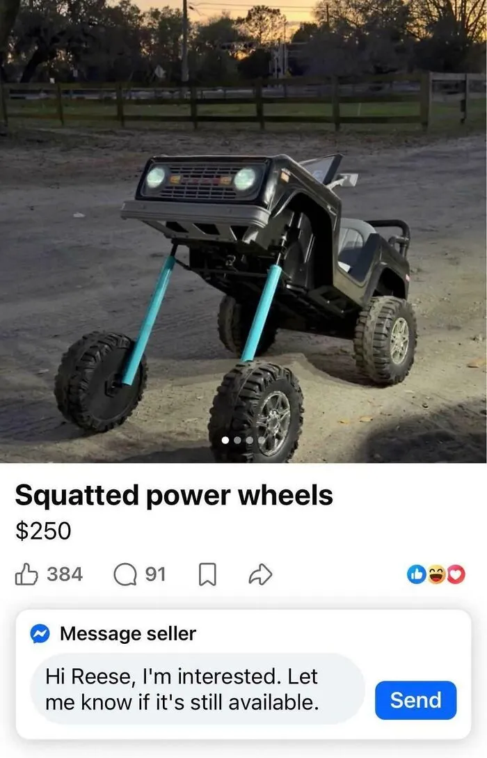 A squatted power wheels vehicle on Marketplace listings, showcasing unhinged modifications.