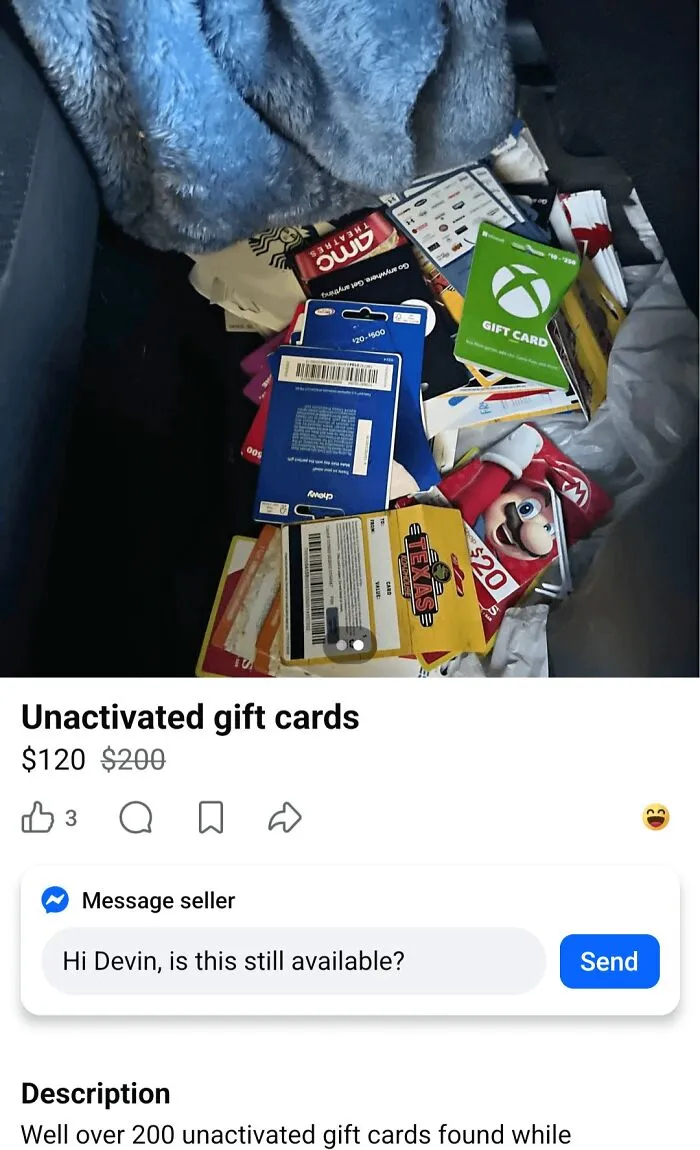 A pile of unactivated gift cards from various retailers, an unhinged marketplace listing.
