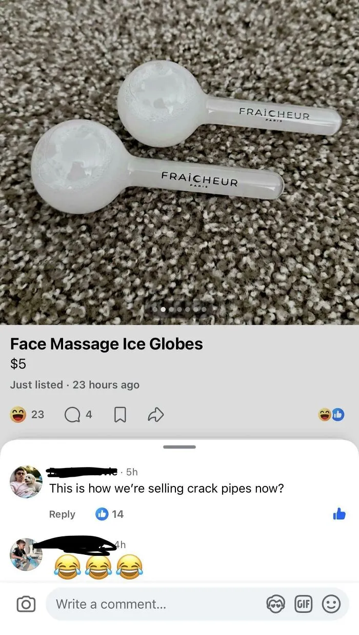 Two white face massage ice globes on a textured carpet, an unhinged marketplace listing.