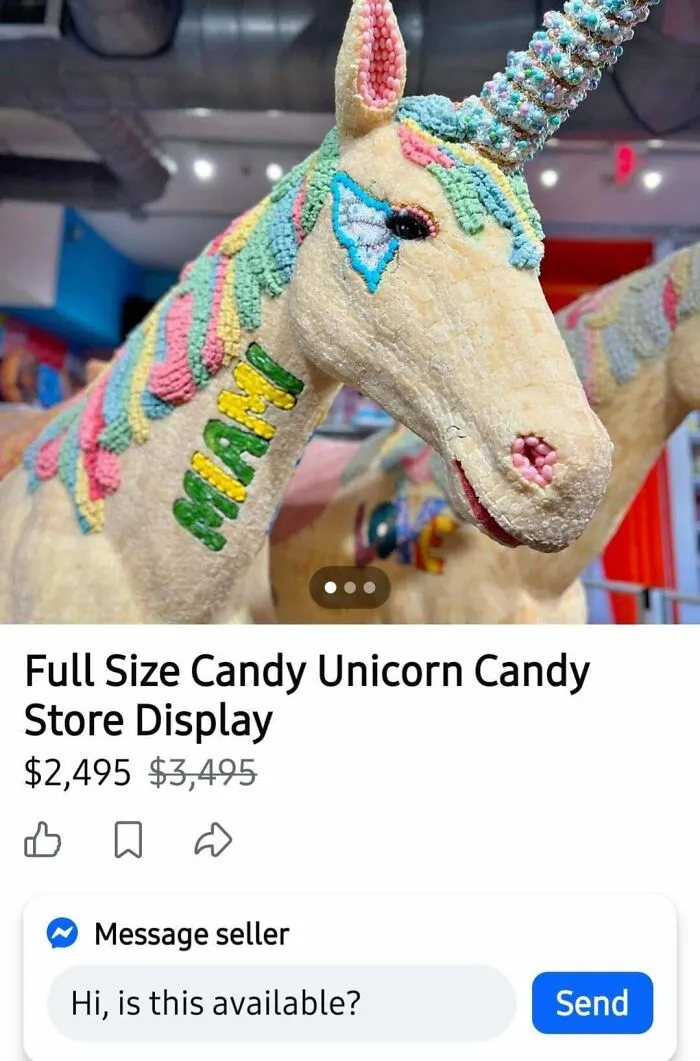 A full-size candy unicorn display with colorful frosting, an unhinged marketplace listing from a candy store.