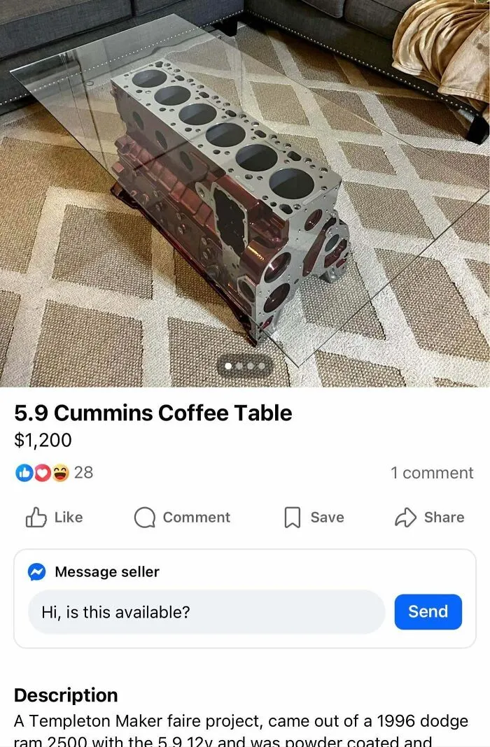A coffee table made from a large engine block, listed on marketplace listings for sale.