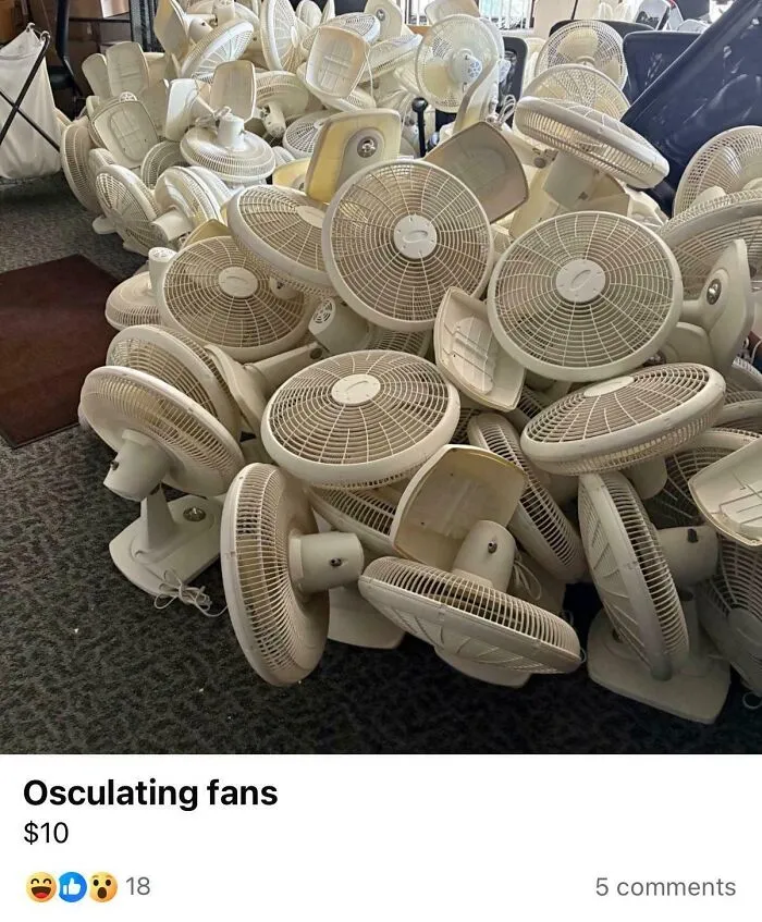 A large pile of numerous oscillating fans, some disassembled, for sale in marketplace listings.