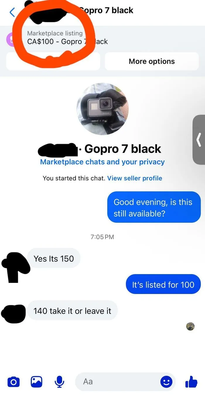 An unhinged marketplace listing chat shows a seller negotiating a higher price for a GoPro 7 Black than advertised, CA$100 to CA$150.