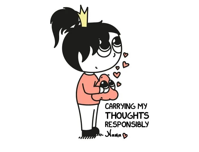 Go Nana's World comic: a character responsibly carrying thoughts, illustrating relatable struggles people go through.