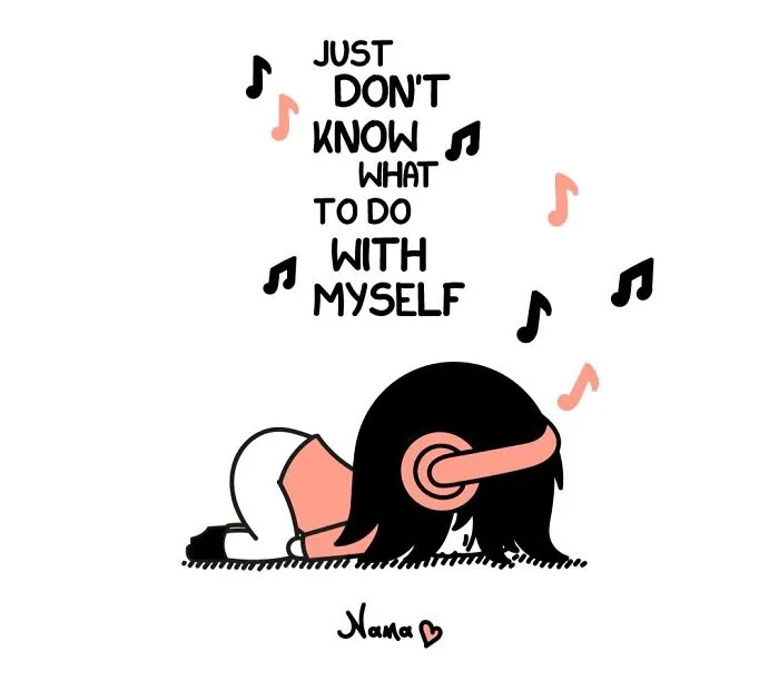 Go Nana's World comic: a character on the floor with headphones, feeling lost and struggling with what to do.